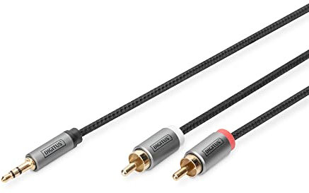 DIGITUS Cavo Adattatore Audio - Jack 3,5 mm a 2xRCA - Cavo aux - Cavo Stereo - Adattatore RCA - contatti Dorati - Cavo Intrecciato - 3 m - Nero - per impianti Stereo, Home Cinema, soundbar, Computer