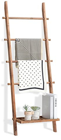 FUIN 5ft Wood Blanket Ladder with Bottom Shelf for Living Room Decorative Wall Leaning Farmhouse Quilt Display Holder Storage Rustic Wooden Towel Rack for Bathroom, Light Brown