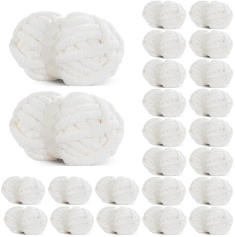 Hombys White Chunky Chenille Yarn for Crocheting & Knitting, Super Bulky, Soft Plush, 24 Jumbo Pack (27 yds, 8 oz Each Skein)