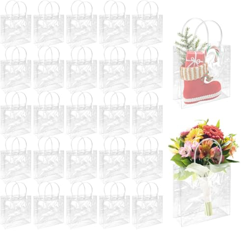 RMENOOR 25 Stück Klare Geschenktüten Transparent mit Henkel Geschenktaschen Geschenkverpackung mit Griff Durchsichtig Partytüten Tragetasche PVC Wickeltaschen für Geburtstag (19,5 x 19,5 x 7,5 cm)
