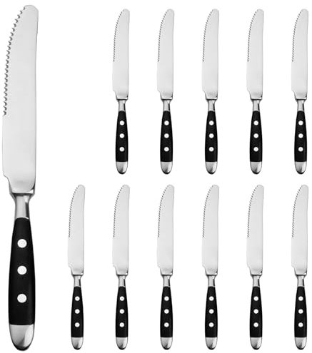 Alata Set di 12 coltelli da bistecca della serie Berlin di, set di coltelli da cucina per bistecca, manici nero, acciaio inossidabile lucidato, bordo seghettato, per la casa, la sala da pranzo