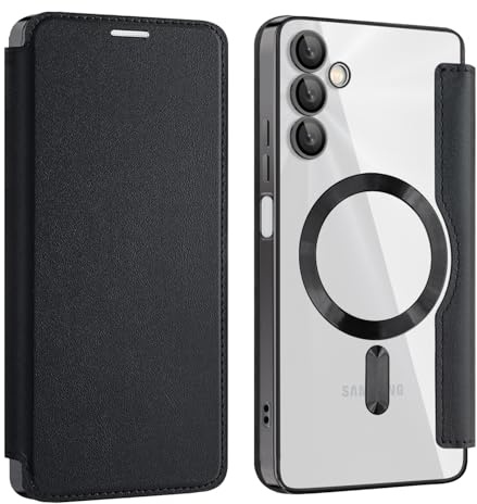 Unichthy Magnetic Flip Case for Samsung Galaxy S24 FE Clear Cover |RFID Blocking| Wallet Purse Shockproof Leather Individual Protection for Each Lens Phone Skin for Samsung Galaxy S24 FE Black