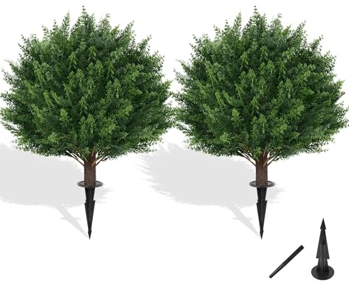 Grooy Artificial Cypress Topiary Tree with Ground Spike, Set of 2 Artificial Shrub Bushes, Fake Evergreen Tree for Porch, Artificial Plants for Outdoor Planters Indoor UV Resistant