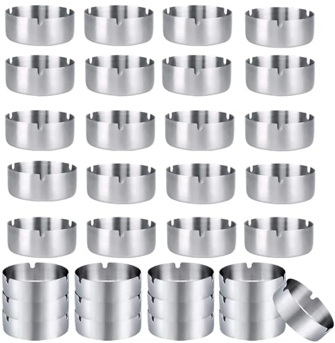 Lot de 34 cendriers ronds en acier inoxydable argenté pour bars, restaurants, chambres, pour l'intérieur et l'extérieur