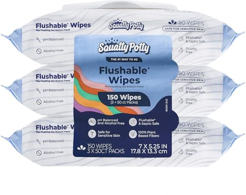 Squatty Potty Flushable Wipes - 3 Packs of 50 (150 Total Wet Wipes) | 99% Water & Plant-Based - Green Tea, Cucumber & Aloe Spa Scent - pH Balanced - Septic Safe Adult Wet Wipes