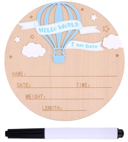 Birth Announcement Sign with Pen, 5.9in Wooden Birth Announcement Plaque Newborn Baby Name Sign for Nursery Hospital Photo Prop Supplies (Blue)