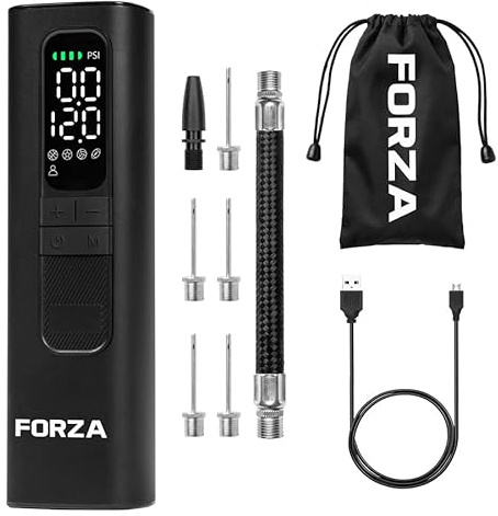 FORZA Bomba de bola digital│Bomba de aire eléctrica recargable con linterna LED, incluye agujas y manguera flexible, inflador portátil de fútbol, rugby, baloncesto y netball (con paquete de cinco