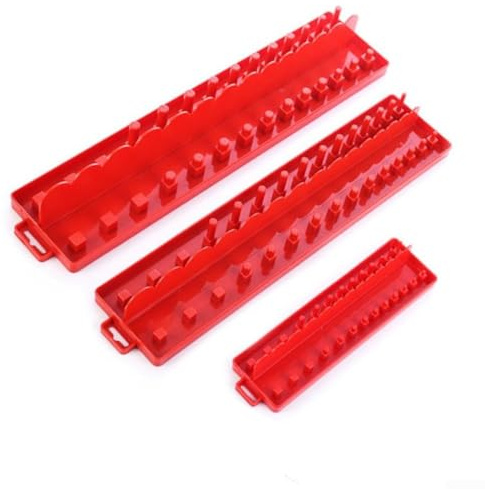 Zilimontt Juego de organizadores de llaves de vaso de 3 piezas, 4, 3/8 y 2 pulgadas con soporte de funda de plástico y marcas de tamaño transparentes para enchufes métricos y SAE, resina ABS roja