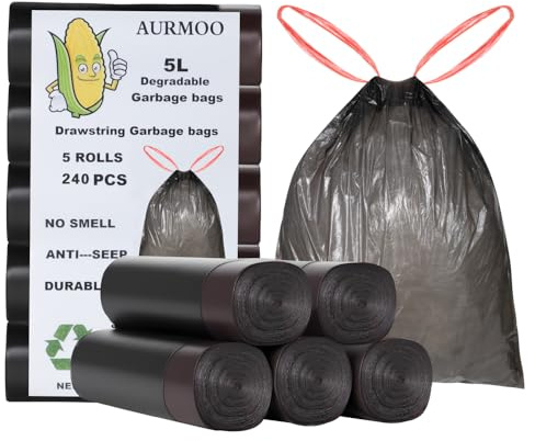 AURMOO 240 x Soppåse 5L med Dragband, Biologiskt Nedbrytbara Sopsäckar, | Droppsäker Soppåse, Sopsäckar med Dragsnöre, Müllbeutel, Bioavfallspåsar för Avfall Från Hem, Kökr, Kontor, 32 x 35cm