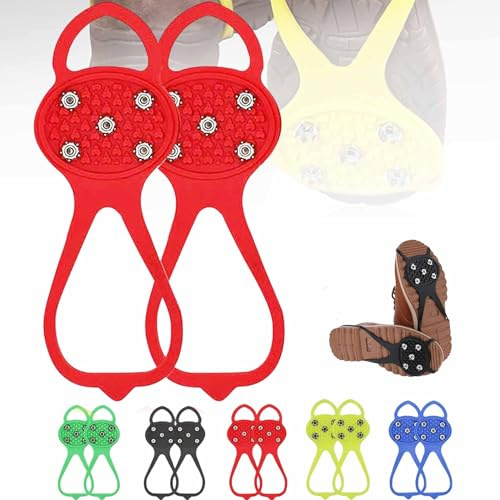 Universella halkfria greppspikar, 5-tandade manganstålspikar sko+spikar, halkfria snö- och isgreppsskor for vinterpromenader vandring bergsklättring(Red,S【21.5 * 8CM】)