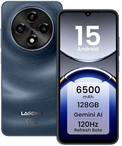 LAGENIO A12 Android 15 Telefono Cellulare, 12GB+128GB/1TB TF, 6.9 HD+Schermo/120Hz Smartphone, Octa-Core, Batterie 6500mAh, Caméra AI 13MP/Widevine L1/OTG/Dual Nano SIM/Face ID