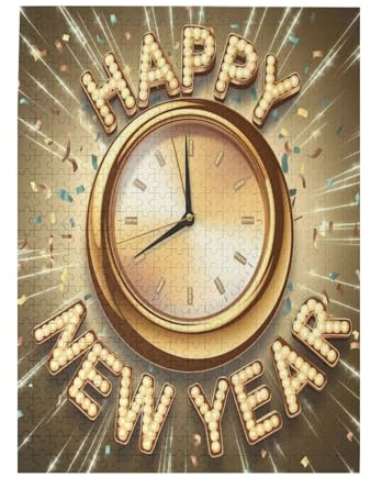 Happy New Year Light Bulb Style Gold Clock Confetti Glowing Lines 500 Piece Wooden Puzzle Jigsaw Puzzle for Adults Friend Family Birthday Gift