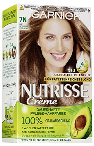 Garnier Nutrisse Creme Coloration Nude Natürliches Mittelblond 7N / Färbung für Haare für permanente Haarfarbe (mit 1 nährenden Ölen)