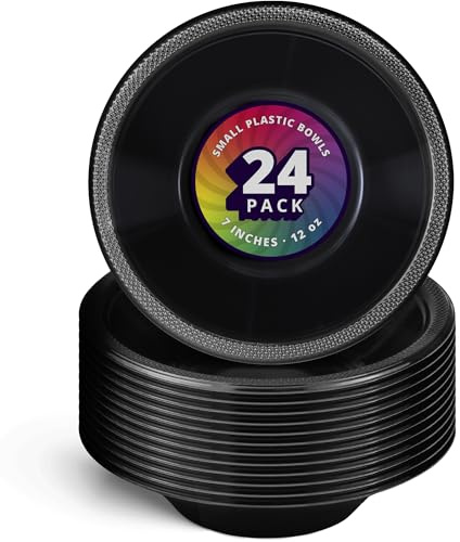 DecorRack 24 Small Plastic Bowls, 7 inch Disposable 12 oz Serving Bowl, Fruit Snack, Popcorn, Soup, and Salad, Kids Birthday and Holiday Party Supplies, Black (Pack of 24)