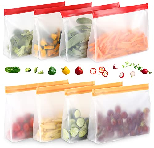 Wiederverwendbare Gefrierbeutel - Groß, PEVA Mit Zipper für Konservierung von Obst, Gemüse und Fleisch (Orange+Rot)