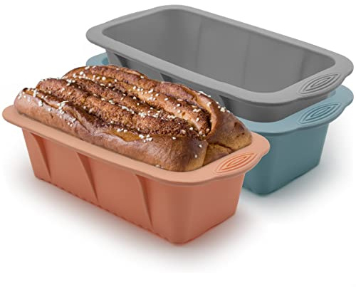 Baocuan 3 pack Silicone Bread Loaf Pans - Baking Mold For Baking Cakes,Brownies,Long loaf of bread Cheesecakes,Homemade Cakes Breads,Meatloaf,Ice brickand and More Set of 3 colors