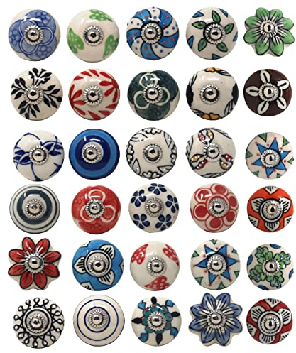Ajuny Lot de 20 boutons de meuble en céramique multicolores – peints à la main, finition brillante – poignées pour tiroirs, portes de placard & armoires de cuisine