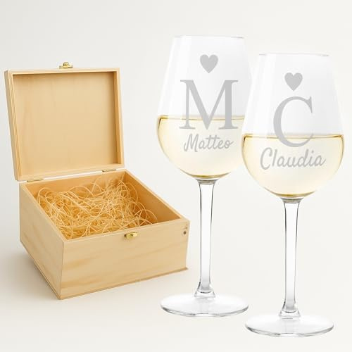 fashwork - Coppia Calici Vino Personalizzabili Iniziali, Calici Personalizzati da 50 cl, bicchieri vino rosso o prosecco - Idee Regalo Anniversario, Regalo Matrimonio e scegli la scatola regalo