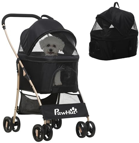PawHut Passeggino per Cani 3 in 1 Pieghevole Convertibile in Borsa da Trasporto, Seggiolino Auto con 2 Guinzagli, Cuscino, Passeggino per Animali in Acciaio, Tessuto Oxford, 82x49.5x98cm, Nero