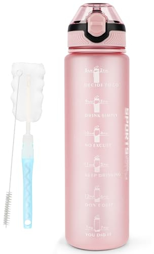 AOHAN Water Bottles 1L BPA Free Sport Drinking Bottle with Straw, Dishwasher Safe Lock Cover Leakproof Motivational Water Bottle with Time Markings, Non-Toxic Canteen Bottle (Light Pink)