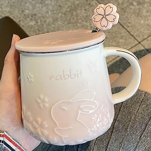 Tasse Hasen 420ml, Hasen Becher Geburtstag, Kaninchen Tasse Süß Becher Kirschblüte, Keramik Tassen mit Löffel und Deckel, Kaffeetasse Teetasse, Eine Schöne Geschenkwahl (Rosa)