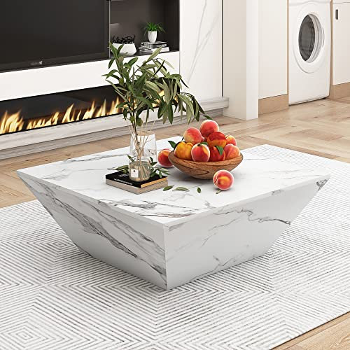 BTM Marble Coffee Table for Living Room With Storage, Square Side Table With 2 Drawers, 70 * 70 * 36cm (Marbling Veneer PVC)