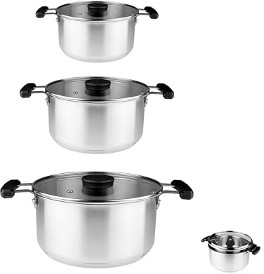 Pintinox, set 3 pentole salvaspazio impilabili in acciaio 18/10 con coperchio,batteria adatta all'induzione, Diametro 16, 20, 24 cm