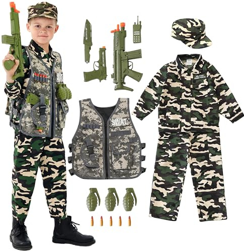 Udekit Deluxe Armée Uniforme Cosplay Costume Soldat Tenues avec Uniforme, Gilet Tactique, Grenade, Sabre, Balle, Interphone et Autres Jouets pour Enfants 9 à 12 Ans