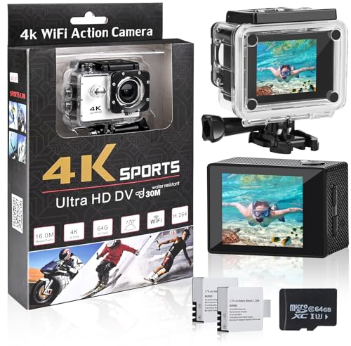 Comius Sharp Cámara Deportiva 4K 30FPS 16MP, WiFi Camara Acuatica Sumergible, 30M Action Camera 2.0'LCD 170° Gran Angular, 1 Tarjeta SD 64G, 2 Baterías y Accesorios Multiples