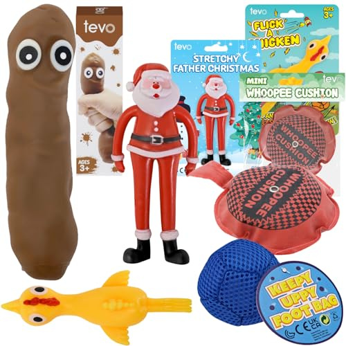 Tevo Stocking Fillers For Boys Bundle, 5 Fun Novelty Toys For Kids Age 5-10 | Squishy Poop Stretchy Poo, Keepy Uppy Bag, Whoopee Cushion, Flik-A-Chicken, Stretch Santa