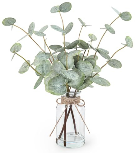 Bessol Artificial Eucalyptus Stems in Glass Vase with Faux Water, 13.5 Fake Plants for Home Decor, Coffee Table Centerpieces, Office, Bathroom & Farmhouse Weddings - Faux Greenery Plants Decorations