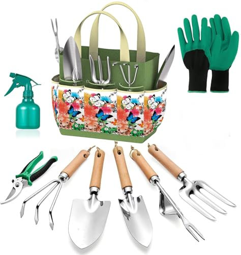 HGLCM Outils de Jardinage Lot de 9 - Ensemble Complet d’Outils de Jardin Robustes avec Sac à Main de Mode - Kit de Fournitures de Jardinage Durable pour Les Femmes