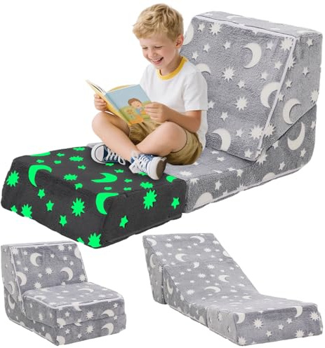 YULEYU Sillón Bebe, Plegable Sofa Infantil, Sillón Infantil 3 en 1, Sofá Cama Convertible Tumbona, Silla Ancha Suave Funda Extraíble, Brilla Oscuridad, Regalo Día Niño Cumpleaños, Gris