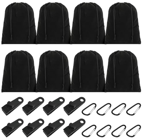 8 Piezas Juego de Bolsas de Arena Portátiles, Incluye 8 Bolsas de Peso, 8 Mosquetones y 8 Clips, Sacos de Arena Fijación para Carpas, Cenadores, Toldos Exteriores, Veleros de Sombra