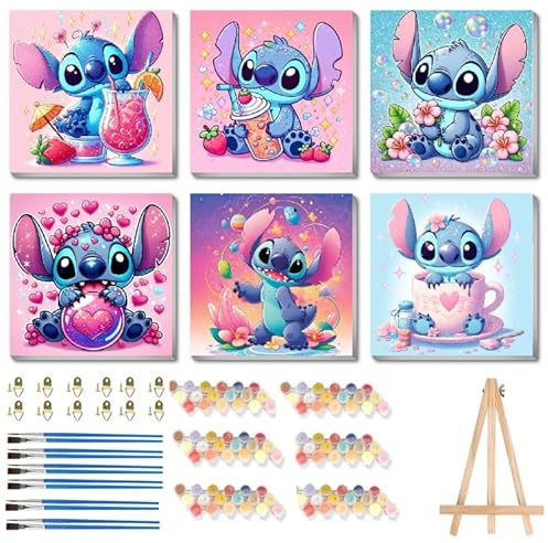 nekpiahu 6 Pack Cartoon Paint by Numbers for Kids with Framed Canvas-with Wooden Easel, Paint by Number for Kids Ages 4-8-12, DIY Easy Acrylic Oil Painting Kits for Home Wall Decor (8X8inch)