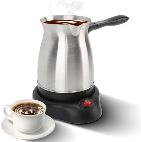 Cafetera turca eléctrica de acero inoxidable con calefacción, cafetera espresso multifuncional, tetera para leche y té de 600 W con doble protección y mango ergonómico (Enchufe de la UE)