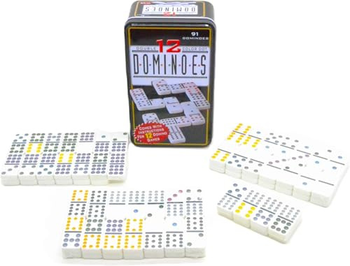 91 x Adulti professionali. Grande XXL scatola. Set di Domino a 12 colori, 91 schede, punti doppi, metallico. Grande XXL Box (Gioco 91, domino) in metallo
