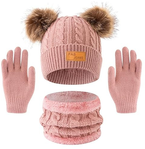 Set de Bufanda Gorro y Guantes, Conjunto de Bufanda Sombrero y Gorro Niño Invierno, Gorros con Pompon Lana NiñoBraga Cuello Polar y guantes de punto cálidos para niño 2-6 Años