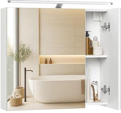 VASAGLE Kailyn Collection - Armoire Murale à 3 Portes Miroir avec Éclairage, Meuble de Salle de Bain, Étagères Réglables, Style Moderne, 15 x 60 x 55 cm, Blanc Nuage BBK138WB01