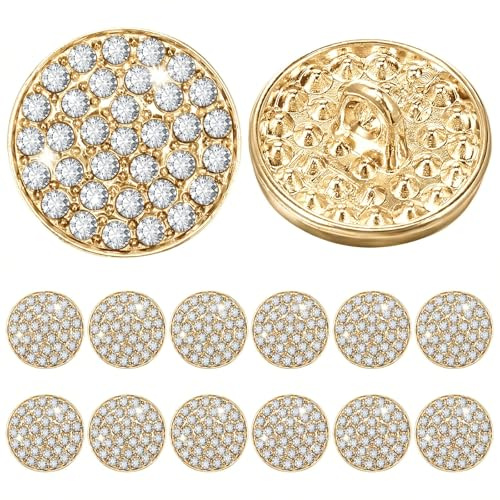 12PCS 15mm Rhinestone Buttons for Clothing, Crystal Button Bedazzling Embellishments Sew on Gems Rhinestones Buttons for Crafts DIY Jewelry Wedding Decoration Bridal Bouquet (Gold)