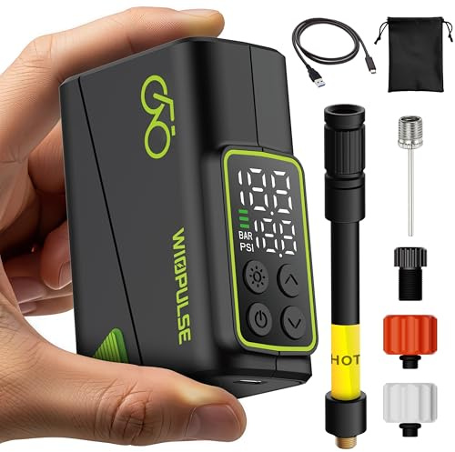 Wiopulse Pompe Vélo Électrique 150 PSI, Mini Compresseur Portable LCD, Arrêt Auto, LED, Presta & Schrader, Vélo Route, VTT, VAE, Trottinettes