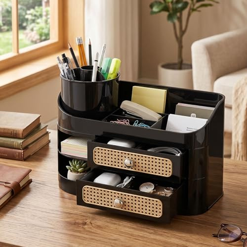 Aramox Vintage Skrivbordssmink Organizer Plast Weave Kosmetisk Förvaringsväska 35,2 X 19,2 X 26,4 Cm Flerlagers Djup Kapacitet för Vanity Badrum Sovrum Office (Svart)
