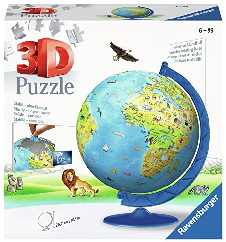 Ravensburger - Puzzle 3D Ball éducatif - Globe terrestre - A partir de 6 Ans - 180 pièces numérotées à Assembler sans Colle - Support Rotatif Inclus - 12339