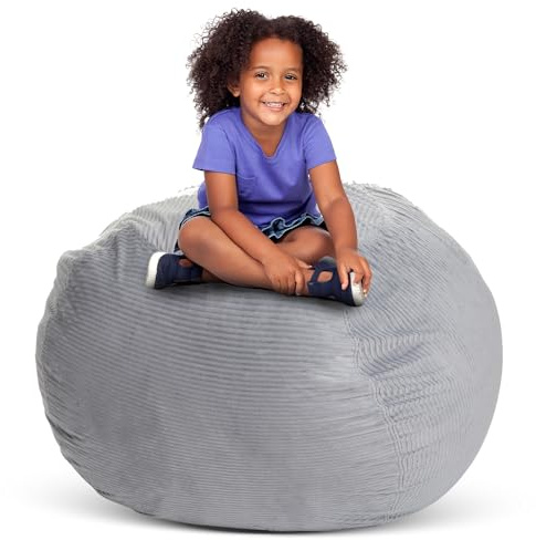 Creative QT Stuff ’n Sit Extra Large 38’’ Bean Bag Storage Cover for Stuffed Animals & Toys, Giant Beanbag Chair for Kids Ages 3-14, Bedroom Organizer, Light Gray Corduroy