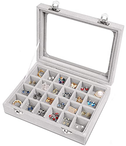 CBCYBER Jewelry Box 24 Grid Velvet Jewelry Tray for Drawers Glass Clear Lid Showcase Display Storage Ring Trays Holder Earrings Organizer Case(Grey)