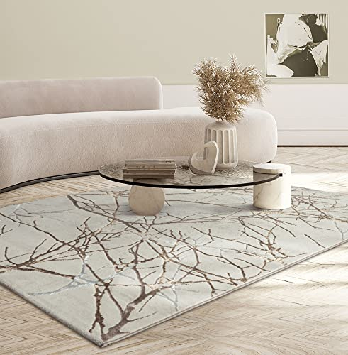 the carpet Mila moderner Teppich Wohnzimmer, elegant glänzender Kurzflor Wohnzimmerteppich in Creme mit Gold Blitz Muster, Teppich 200 x 290 cm