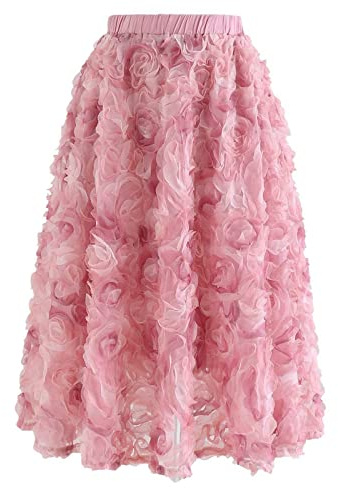 Chicwish Gonna Longuette da Donna a Doppio Strato in Rete 3D, Color Caramello/Azzurro/Bianco/Nero, Rosa - 3D Mesh Rose, L