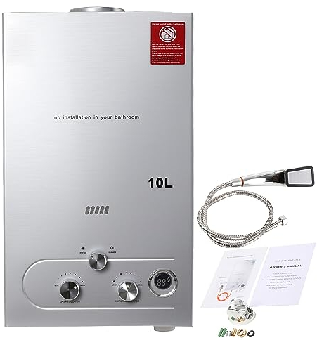 CDZHLTG Chauffe-Eau à Gaz Instantané Propane, 20KW Chauffe Eau Gaz Instantané à Gaz Usage Familial, Chauffe-eau À Gaz sans Réservoir 10 Litres au GPL avec kit de Douche(Argent)