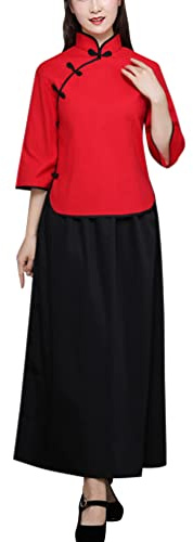 Women's Vintage Chinese Blouse Skirt Sets 3/4-length Sleeve Mandarin Collar Shirt Top Traditional Schoolgirl Costume (Black+Red, L)