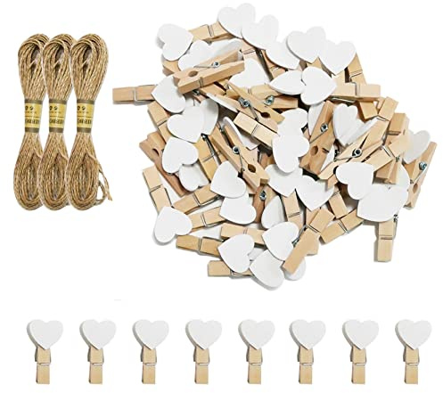 CUWELT 200 Pezzi Mollette a Cuore, 3,5cm Mini Mollete Cuore in Legno con 30m di Filo di Iuta Naturale per Matrimonio, Festa, Foto, Bricolage e Artigianato,Bianco